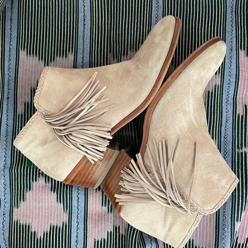 Paige Suede Fringe Leather Boots Braid Coastal Cowgirl Stack Heel Sam Edelman 9